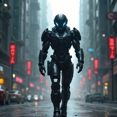 Naklejka premium Futuristic cyborg soldier walks on street in city. Advanced armor suit man with lights in town. Sci-fi warrior in mechanical costume concept. AI art soldier in cyber world future.