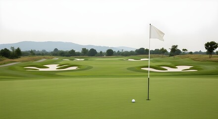 Golf course with sand traps and white flag in a summer day