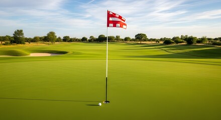 Scenic Golf Course with Flag and Green Fairway on a Sunny Day