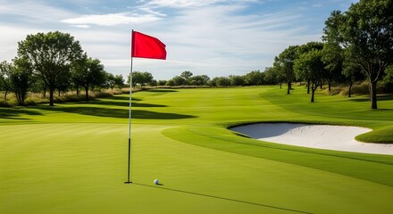 Scenic golf course with manicured green and red flag waving