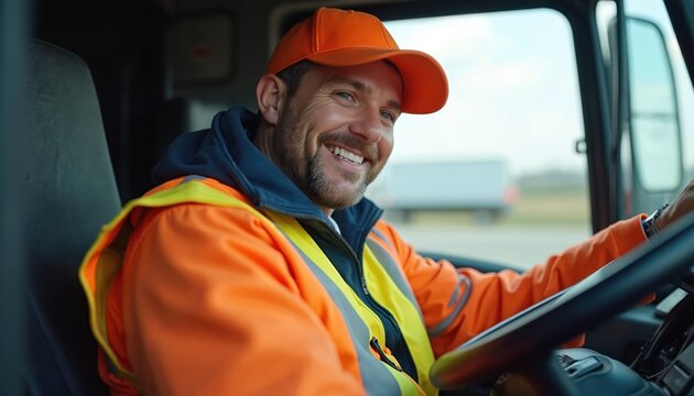 Smiling male truck driver works inside commercial vehicle cab. Man wears bright orange safety jacket, cap. Drives big rig on road, delivers essential goods for transport logistics industry, enjoys