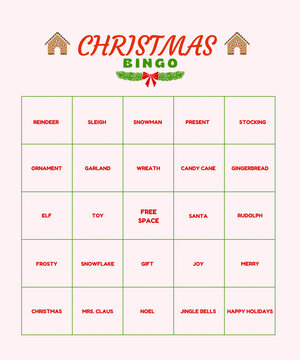 Christmas bingo games template, abstract background with names, graphic design illustration 
