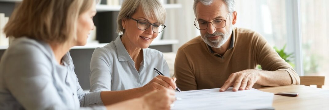 A group of three professionals engaged in a meeting with papers on the table.