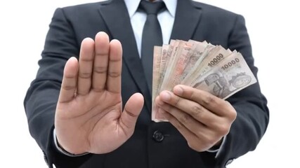 A professionally dressed individual in a sharp suit makes a decisive "stop" gesture with one hand while the other hand firmly holds a stack of currency notes. This powerful visual metaphor conveys con