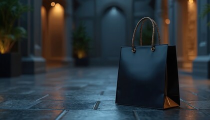 Single black shopping bag with gold trim sits on stone floor. Bag has rope handles and reflects warm light. Empty retail package with copy space.
