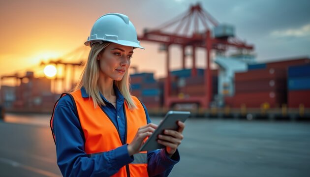 Female dock worker in hard hat, orange safety vest using tablet at port facility. Shipping containers, cranes in background. Logistics, transportation industry. Woman analyzing data on digital device. - Powered by Adobe