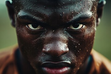 Intense gaze of a sweaty athlete during competition.