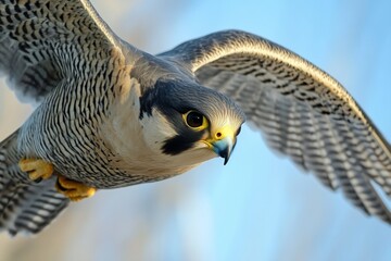 Fototapeta premium A falcon soaring through the sky with its wings fully extended and eyes focused on prey.