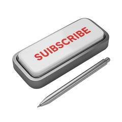 Sleek, polished rectangular button with red 'SUBSCRIBE' text & brushed silver metallic frame, plus slender silver stylus, on transparent background, commercial product photography concept