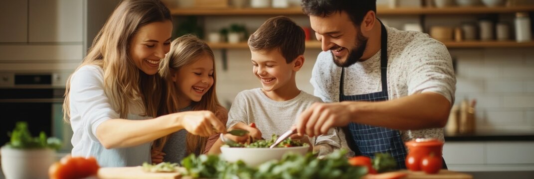 Heartwarming scene of a family engaging in a cooking class together. A father and his two children prepare food alongside a smiling mother, fostering quality time and bonding moments.