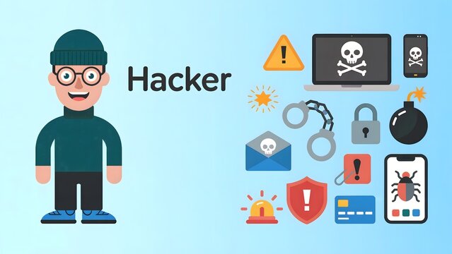 Illustrative hacker design featuring a cartoon man and digital security icons, conveying cybersecurity threats and data protection needs with a modern aesthetic