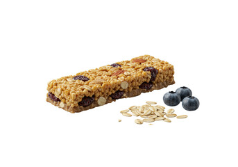 Premium golden-brown artisanal granola bar with oats, nuts, and dried fruit, alongside scattered natural oats and blueberries on a seamless transparent studio background. Healthy indulgence concept