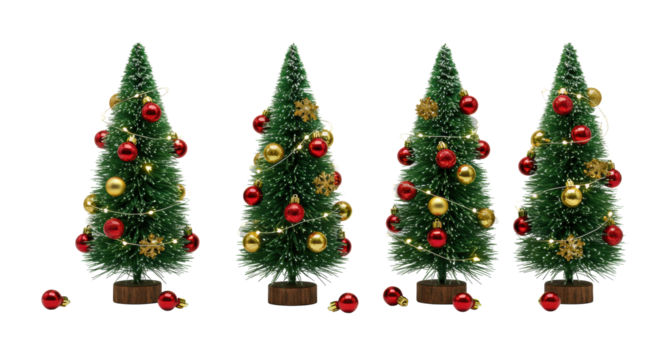 Four vibrant green conical miniature Christmas trees intricately adorned with red and gold baubles, unlit LED lights, against a seamless transparent studio background, high-end holiday product display