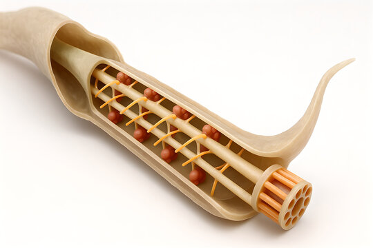 Photorealistic 3D anatomy of Giardia lamblia trophozoite, ventral adhesive disc with micro-ridge detail, two nuclei, four pairs of flagella emerging correctly, median bodies and axonemes visible