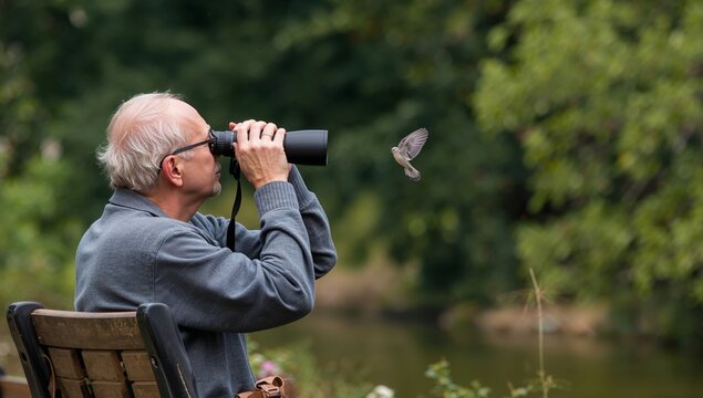Elderly Man Observing a Bird With Binoculars in a Serene Outdoor Setting by the Water