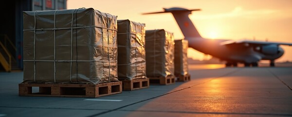 Military cargo pallets wrapped in plastic await loading onto cargo plane on airfield at sunset. Boxes on wooden pallets ready for airlift delivery. Shipment transport logistics. Global supply chain