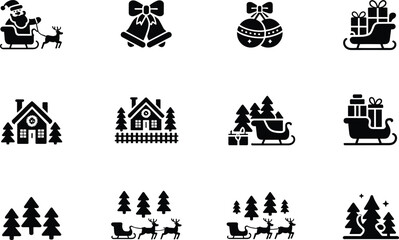Christmas, holiday, festive, sleigh, Santa, reindeer, bells, ornaments, house, pine, tree, moon, star, winter, illustration, vector, design, cartoon, symbol, celebration
