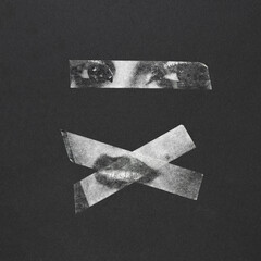 Abstract collage illustration of woman portrait silhouette on duct tape. X and line shapes of adhesive tape. Eyes and lips visible duct tape. Grunge, noise effect applied. Retro vintage style