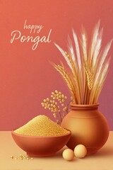Naklejka premium Celebrate Pongal With Traditional Elements Including Grains, Pottery, and Wheat Decorations