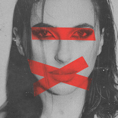 Abstract collage illustration of beautiful young woman portrait with eyes and lips covered with red duct tape. Grunge, noise effect applied. Retro vintage style. Black and white image
