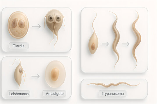 Photorealistic 3D anatomy of Giardia lamblia trophozoite, ventral adhesive disc with micro-ridge detail, two nuclei, four pairs of flagella emerging correctly, median bodies and axonemes visible