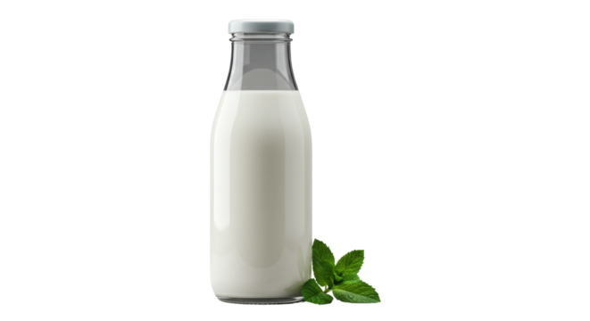 Pristine glass bottle with creamy milk, matte grey cap, dewy green mint sprig, on a solid light grey background, high-key, concept of product purity and freshness