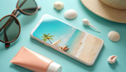 Smartphone displays tropical beach scene with palm trees, lounge chair. Sunglasses, sunscreen tube, straw hat, shells arranged on blue surface. Image represents summer vacation planning, seaside