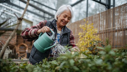 Senior Woman Enjoys Watering Plants in Greenhouse During Bright Day