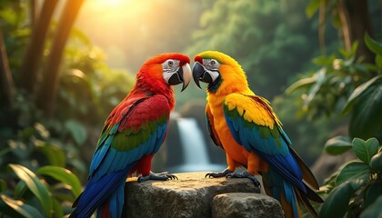 Two colorful macaw parrots sit on rock in jungle. Pair of red, yellow birds look at. Animal couple expresses love, companionship in rich rainforest with waterfall, warm sunlight in background.
