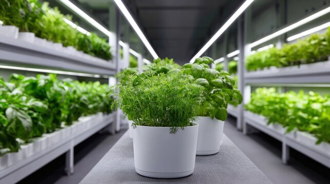 Automated greenhouse with robotic planters cultivating fresh herbs in vertical farming system, showcasing modern agricultural technology and innovation