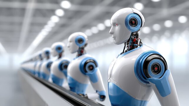Futuristic assembly line featuring robotic arms and humanoid robots in a modern factory setting, showcasing advanced manufacturing technology and automation - Powered by Adobe