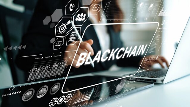 Business Professional Working with Blockchain Technology and Data Analytics on a Modern Digital Interface. Asymptotic smart data analytic.