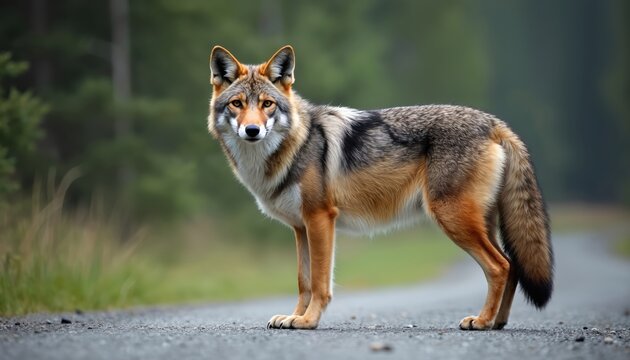 Wild coyote stands on dirt road in forest. Animal looks directly at camera with alert eyes. This predator lives in North American wilderness. Its fur blends with natural habitat, symbol of wildlife.