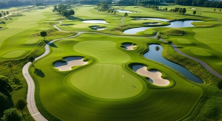 Aerial view of a meticulously designed green golf course landscape
