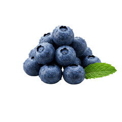 Plump, indigo blueberries with glistening water droplets and a vibrant mint leaf on a white plate, isolated on transparent. High-end commercial food photography for freshness