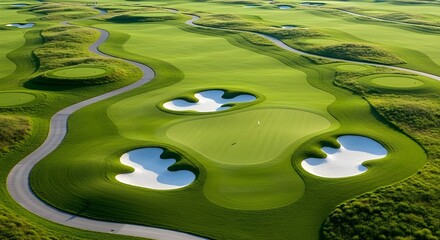 Aerial view of a luxurious golf course landscape with sand traps