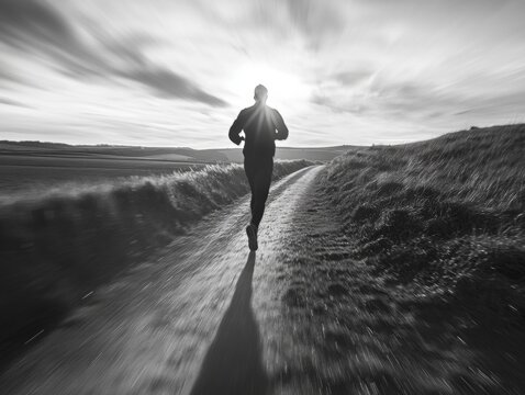 A silhouette of a runner in motion with the sunrise behind them.