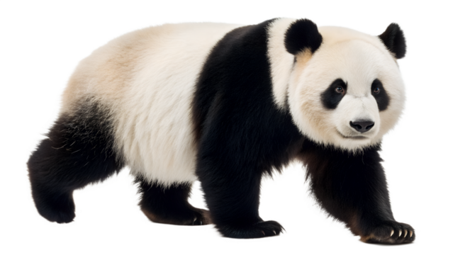 Cute endangered baby giant panda cub mammal isolated on white background eating bamboo in China