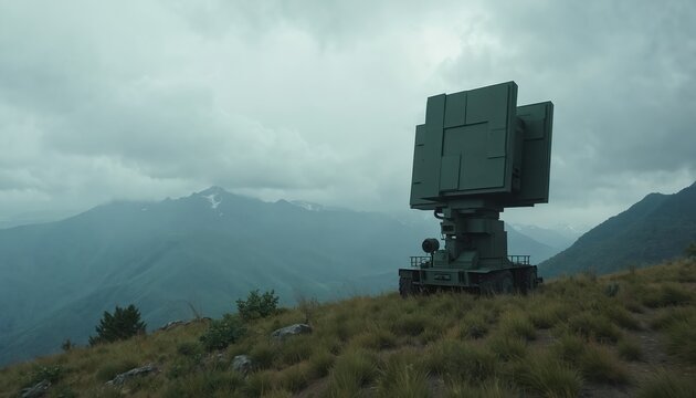 Military radar unit deployed on grassy mountain ridge under cloudy skies. Advanced tracking equipment scans horizon. Modern defense technology monitors vast landscape for threats.