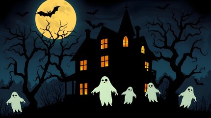 Halloween night haunted house and castle with spooky bats and pumpkins