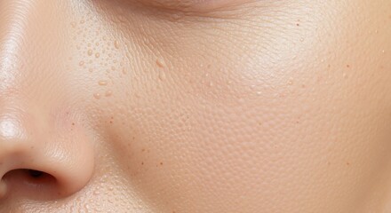 Macro close-up of human skin texture with visible pores and fine lines. Person's face with water drops showing hydration and moisture. Dermatology and skincare concept