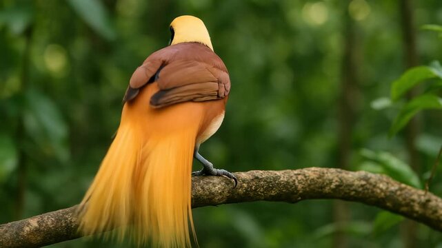 A vibrant bird perched on a branch, captured in a close-up angle. The lush green background enhances the vivid colors, ideal for a nature video. Live desktop wallpaper.