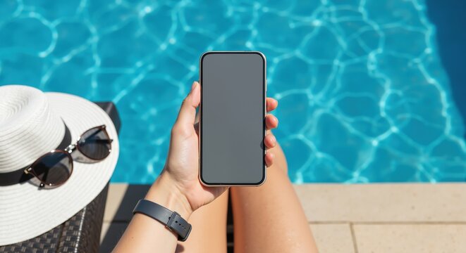 Woman holding phone with blank screen by swimming pool. Summer vacation technology mockup for mobile app. POV of person relaxing on sunny holiday - Powered by Adobe