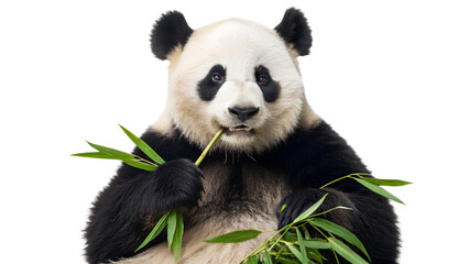 Obraz premium Cute baby giant panda mammal, 18 months old, black and white, eating bamboo in a wild nature habitat in China