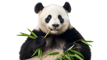 Cute baby giant panda mammal, 18 months old, black and white, eating bamboo in a wild nature habitat in China