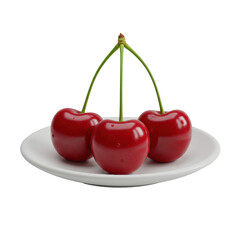 Three vibrant red, plump, glossy cherries with green stems on a minimalist white plate against a transparent background, 45-degree elevated angle. Concept of freshness and perfection