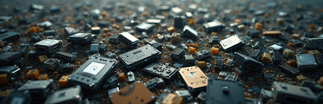 Vast sea of discarded electronic waste components covers ground. Heap of old computer hardware, microchips, circuit boards, junk gadgets. Tech recycling, reuse concept for sustainability. - Powered by Adobe