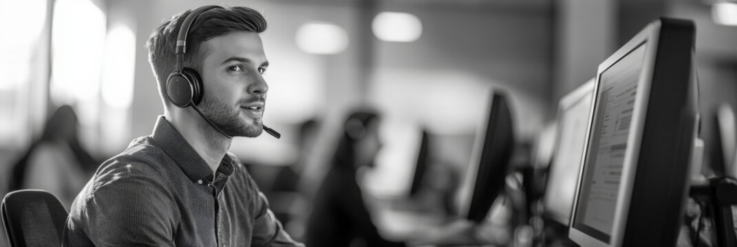 This is a stock image of a man sitting at his desk with headphones on and working on a computer. He appears focused and professional.