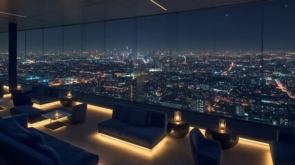 High-Rise Luxury Lounge with Cityscape View at Night, Modern Interior Design