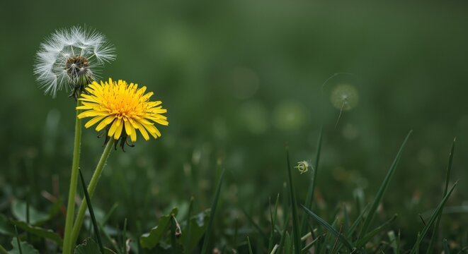 Life cycle of dandelion with yellow flower and white seed head. Delicate wildflowers in green spring meadow. Nature background with bokeh